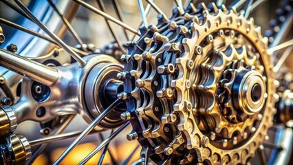Fototapeta premium Close-up of intricately designed rear wheel cassette with numerous curved sprockets and bolts, showcasing exceptional mechanical craftsmanship details.
