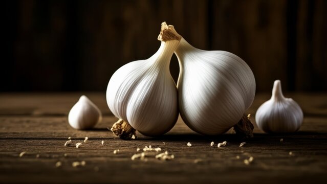  Fresh garlic bulbs on rustic wooden surface