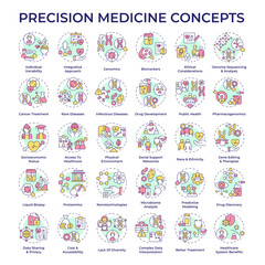 Precision medicine multi color concept icons. Health technology. Public health. Genetics. Personalized approach in treatment. Icon pack. Vector images. Round shape illustrations. Abstract idea