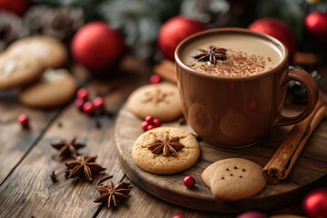 Obraz premium Steaming mug of hot chocolate with spices and christmas cookies on wooden table