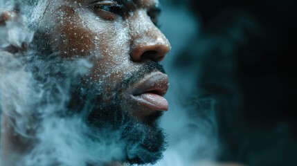 A close-up image of a person blowing smoke against a dark background, highlighting the intricate patterns of the smoke as it diffuses into the surrounding air.