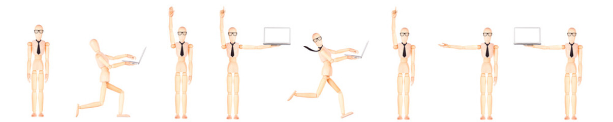 Assortment of wooden mannequins in different stances, isolated on white backdrop