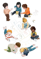 Illustration à l'aquarelle d'enfants jouant à la marelle et dessinant avec des craies
