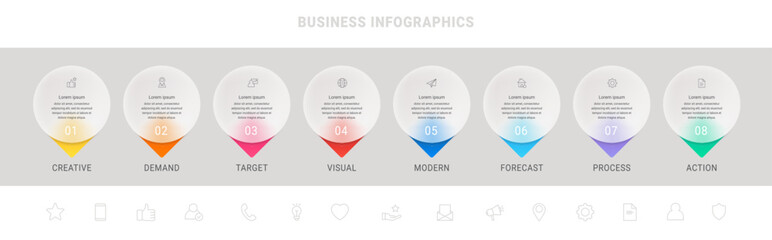 Infographic template with eight options, icons, or steps. Vector business modern concept with the arrow. Can be used for workflow layout, diagram, graphs, banner, webdesign.