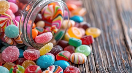 An image capturing a range of colorful hard candies spilling out from a glass jar onto a wooden surface, highlighting the detail, variety, and sweetness of the candy and creating a playful and joyful