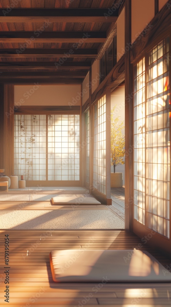 Poster Warm sunlight is illuminating a japanese style room with tatami mats and shoji sliding doors, creating a peaceful and serene atmosphere