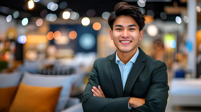 Friendly Asian Korean salesman in designer furniture store setting. Business, customer service concept.