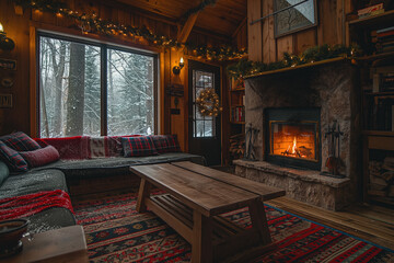 Fototapeta premium Cozy living room with fireplace burning on snowy winter day