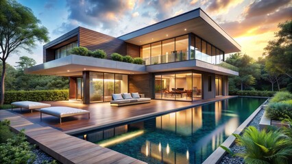 Fototapeta premium Modern luxury house with sleek lines, vast windows, and lush greenery surrounding a serene infinity pool and outdoor lounge area.