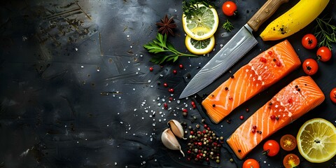 Delicious Salmon Dish with Spices and Banana on Table. Concept Salmon Recipe, Spices, Banana, Dining Table