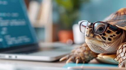 A charming and humorous scene of a tortoise wearing glasses, poised before a laptop on a wooden desk, suggesting the unlikely scenario of an intellectually-engaged reptile.