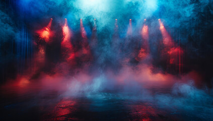 Fototapeta premium Large stage with dynamic blue and red lights amidst smoke in dramatic concert setting