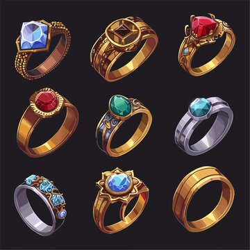 Set of 9 golden rings with gemstones, jewelry collection, precious stones, fashion accessory