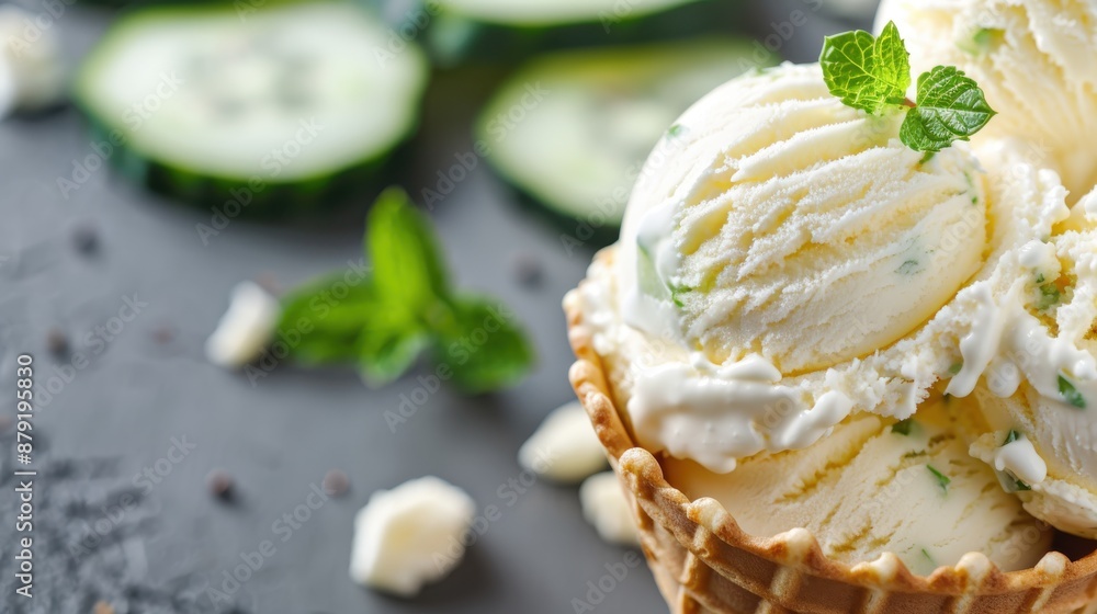 Poster A close-up image of a delightfully garnished ice cream with mint leaves in a waffle cone, surrounded by slices of cucumber. Perfect for a refreshing summer treat.