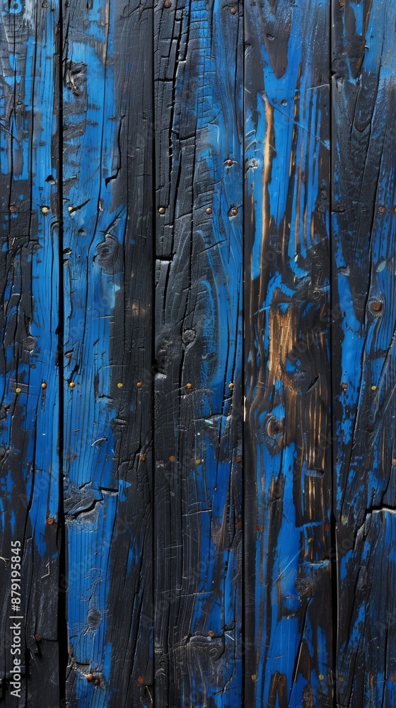 Poster blue painted wood grain is showing through creating a rustic background texture. this weathered surf
