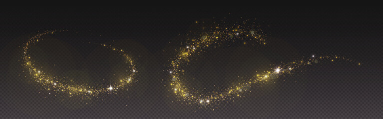 Magic gold dust trail with star shaped sparkles on dark transparent background. Realistic vector illustration of circle and wave path of shine glitter and shimmer particles. Can be used as png. © klyaksun