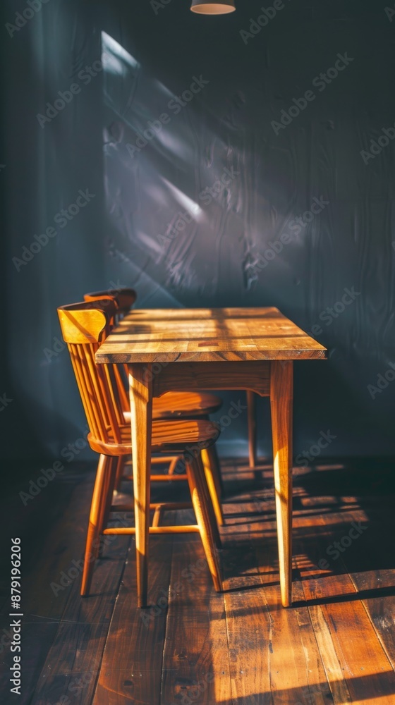 Poster sunlight filters through window, casting cozy glow on empty wooden table and chairs in room with dar