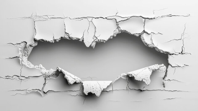 Hole breaking through white wall with cracked edges, creating a cut-out effect