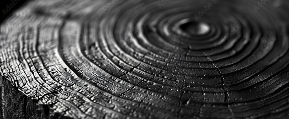 Poster abstract wood grain pattern background, circular rings resembling a tree trunk texture in monochrome