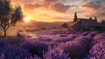 Breathtaking lavender fields with a rustic house during a warm sunset