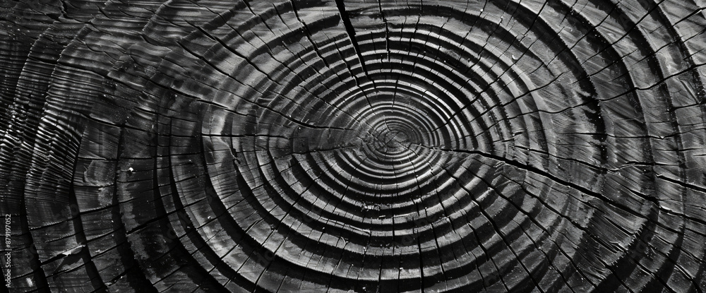 Poster abstract wood grain pattern background, circular rings resembling a tree trunk texture in monochrome