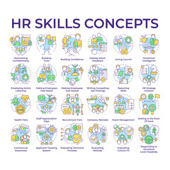 HR skills multi color concept icons. Conflict resolution. Employee relations. Team building. Talent hiring and attracting. Icon pack. Vector images. Round shape illustrations. Abstract idea