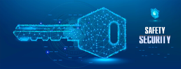 Safety and security. Cyber banner with digital key hologram. Electronic luminous key with locked code. Holographic electronic key on futuristic background. Digital security concept