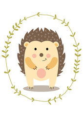 Cute hedgehog inside a border of oval leaves