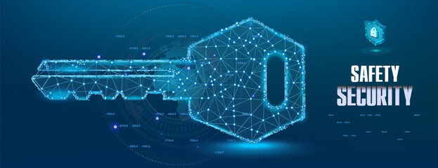 Safety and security. Cyber banner with digital key hologram. Electronic luminous key with locked code. Holographic electronic key on futuristic background. Digital security concept