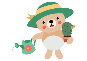 Cute teddy bear gardener holding cactus pot and watering can