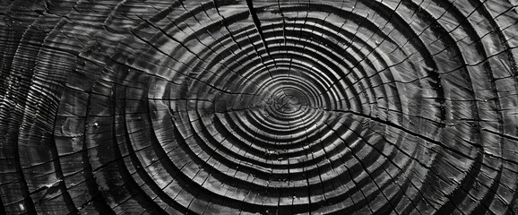 Obraz premium Abstract wood grain pattern background, circular rings resembling a tree trunk texture in monochrome.