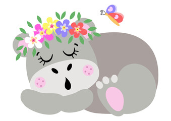 Cute hippo sleeping with wreath floral on head