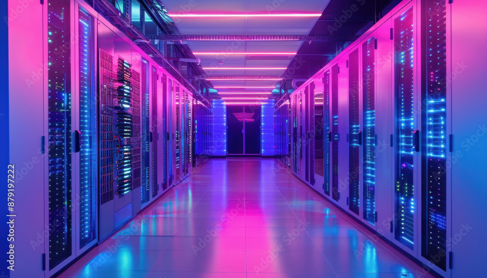Poster a data center hallway is filled with rows of servers, shaping a hightech atmosphere