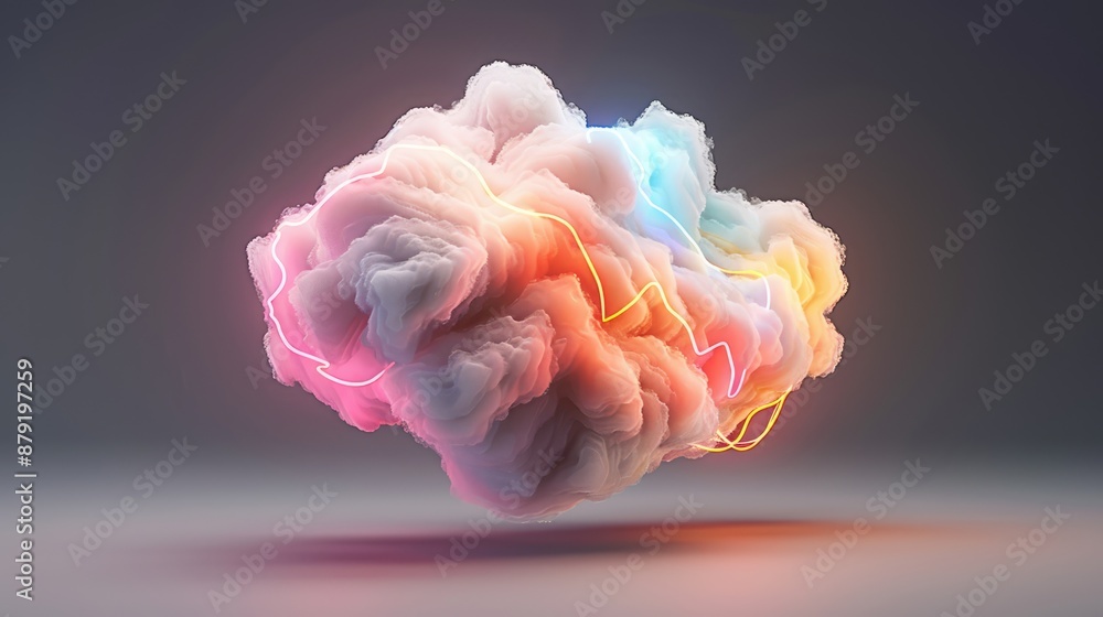 Poster neon abstract 3d cloud in dark sky with geometric shapes - modern and surreal design with neon illum
