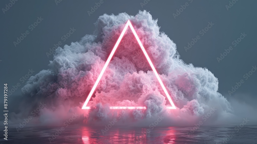 Poster glow of tomorrow - surreal 3d render of neon geometric object in dark sky with abstract clouds, futu