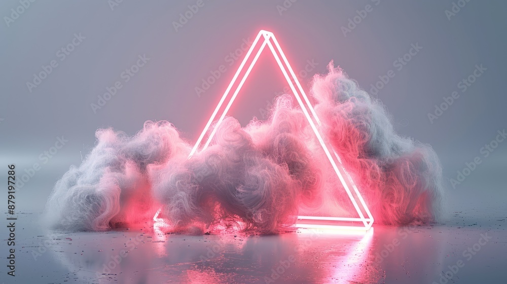 Poster glow of the future: neon-illuminated geometric object in abstract night sky - minimalist 3d render, 