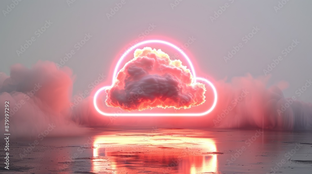 Poster ethereal night scene of abstract geometric cloud illuminated with neon light in dark sky - minimalis