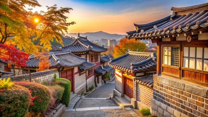 Fototapeta premium Traditional Korean architecture lines winding streets of Bukchon Hanok historic district in Seoul, adorned with vibrant autumn foliage colors.