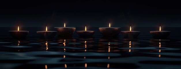 Candles and reflection on dark background, minimalistic style.