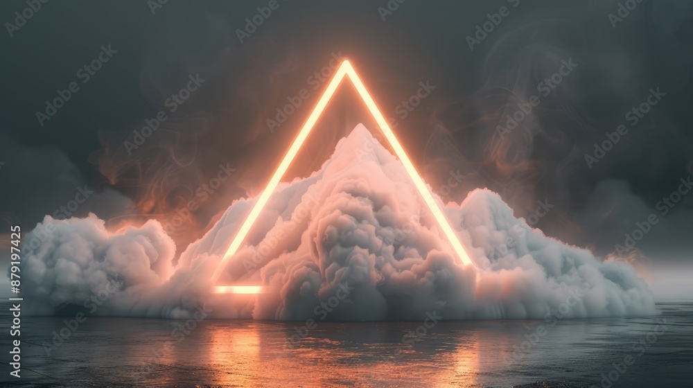 Poster luminous neon-lit abstract geometric object in dark sky - futuristic 3d render with abstract cloud, 