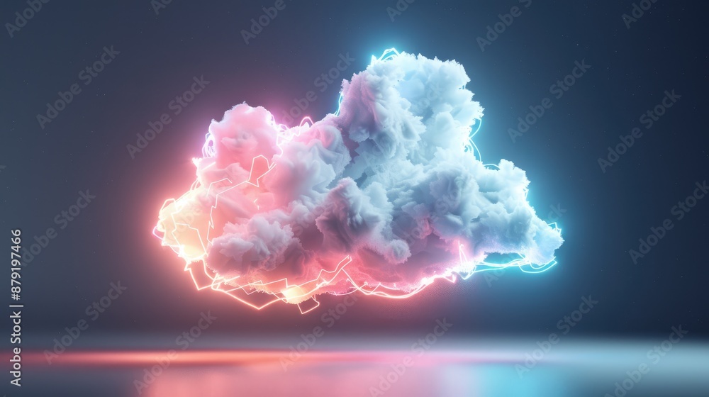 Poster ethereal neon abstract cloud in dark sky - minimalist 3d render with geometric shapes | concept of s