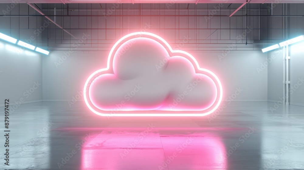Poster neon abstract 3d cloud in dark sky - modern luminous design with geometric object and neon illuminat