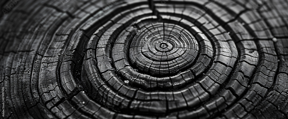 Poster abstract wood grain pattern background, circular rings resembling a tree trunk texture in monochrome
