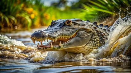 Majestic alligator swims forcefully upstream in a turbulent, murky river, its scaly body glistening with water droplets and aquatic plants.