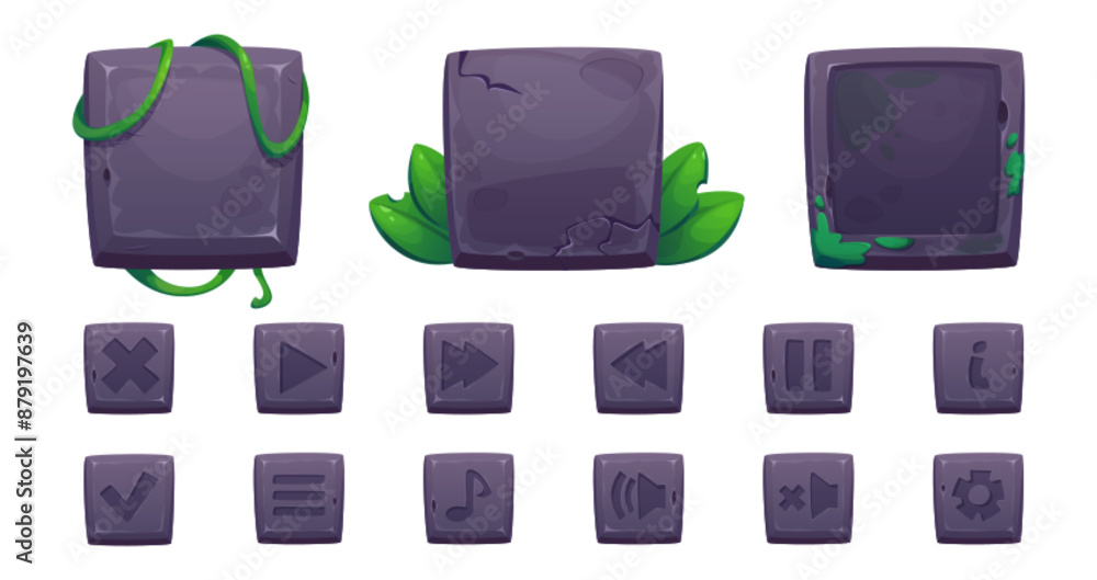 Poster stone game ui elements with jungle plant leaves and liana vines. cartoon vector set of rock frames a
