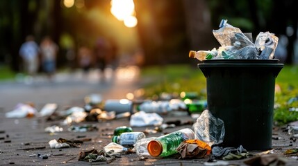 A garbage bin in a public park with trash spilling over and litter scattered around, causing concern for pollution, environmental issues, and lack of cleanliness.