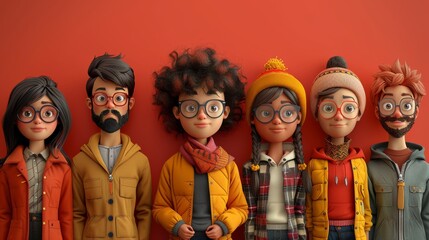 Obraz premium 3d illustration of a diverse group of young adults wearing trendy eyeglasses and casual clothing, standing in front of a red background