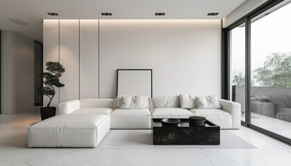 The living room has a white sectional couch, black coffee table, modern and comfortable