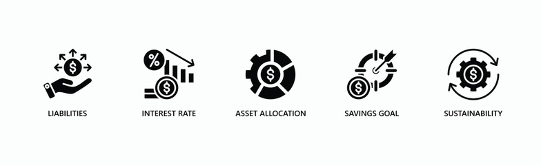 Financial Planning Banner Web Icon Vector Illustration Concept With Icon Of Liabilities, Interest Rate, Asset Allocation, Savings Goal, Sustainability
