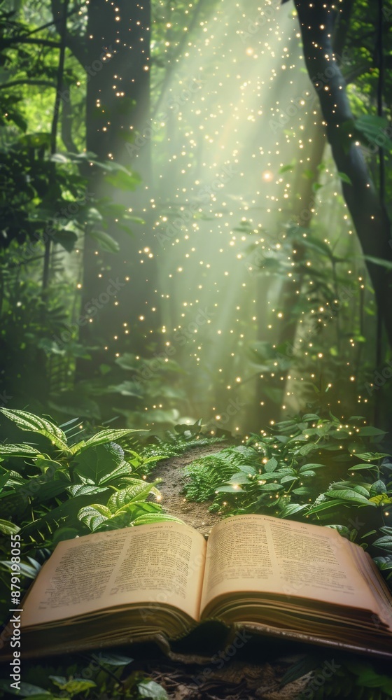 Poster open book in a lush forest, sunlight filtering through the canopy, creating a magical atmosphere ble
